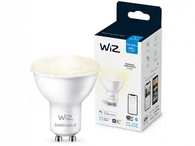 Bombilla inteligente - Wiz GU10, 50W, Luz blanca cálida regulable, Wifi y Bluetooth, Control por voz