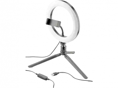 Aro de luz + soporte - CellularLine SELFIERINGK, Universal, 3 modos LED, 360º, USB, Negro