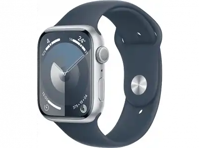 Apple Watch Series 9 (2023), GPS+CELL, 45 mm, Gesto de doble toque, Caja aluminio plata, Correa deportiva azul tempestad, Talla M/L