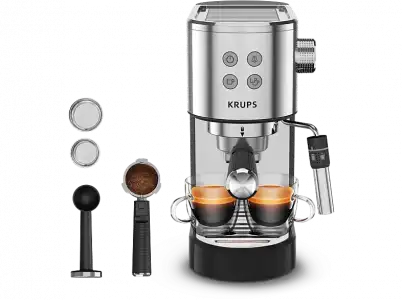 Cafetera express - Krups Virtuoso + XP444C, 1400 W, 15 Bar, 1 L, Thermoblock, Compatible cápsulas blandas té e infusiones, Apagado autom., Acero Inox