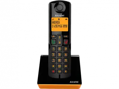 Teléfono - Alcatel S280, Inalámbrico, Bloqueo de llamadas, Agenda para 50 contactos, Manos libres, Negro y Naranja