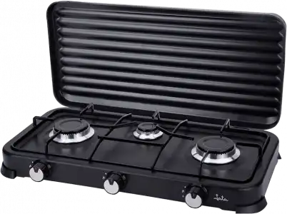 Cocina de gas - Jata JECG2703, 3 zonas, Para gases licuados propano y butano, Portátil, Tapa, 59.5 cm, Negro