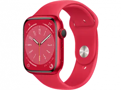 APPLE Watch Series 8 (2022), GPS, 45 mm, Caja de aluminio, Vidrio delantero Ion-X, Correa deportiva (PRODUCT)RED