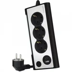 Nanocable Regleta de Sobremesa con Interruptor 3 Tomas Schuko + 2 USB 1.5m Plata/Negro