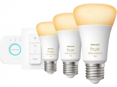 Kit de iluminación - Philips Hue inicio E27, 8W, Luz Blanca Fría a Cálida,3 bombillas LED + Interruptor Bridge