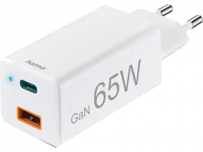 Cargador - Hama GSM Mini, 65W, 220V, Carga rápida, USB-A y USB-C, 2 dispositivos a la vez, Blanco