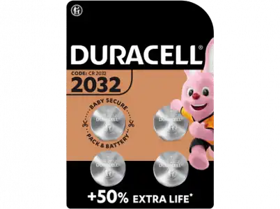 Pilas - Duracell 2032, De botón, Paquete 4 unidades, 3V, DL2032 /CR2032, Plata