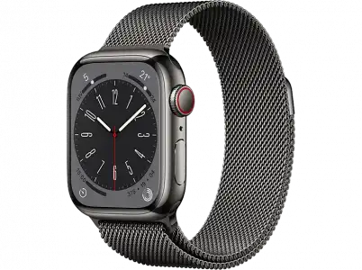 Apple Watch Series 8 (2022), GPS+CELL, 41 mm, Caja de acero inoxidable, Vidrio delantero Ion-X, Correa milanese loop grafito