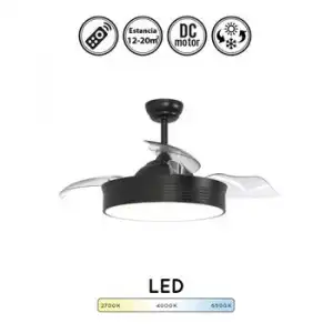 Ventilador De Techo Moderno Bombay Negro, Aspas Retractiles, Silencioso, Motor Dc, Lampara Plafón 36w