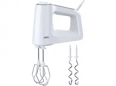 Amasadora de mano - Braun HM 3100 WH Potencia 500W, Funcion turbo, Varillas para batir y amasar