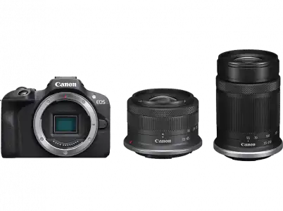 Cámara EVIL - Canon EOS R100/RF-S 18-45MMIS STM + RF-S 55-210MMF5-7.1, CMOS AF de Doble píxel, 24.1 megapixel, Video 4K, Wi-Fi, Negro