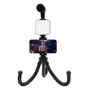 Muvit Vlogging Kit 4 en 1 Trípode Flexible + Luz LED + Micrófono + Soporte para Smartphone Negro