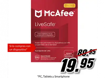 Antivirus - McAfee® LiveSafe, Seguridad en Internet, Número ilimitado de dispositivos (Windows®/Mac®/Android/iOS), Suscripción 1 año