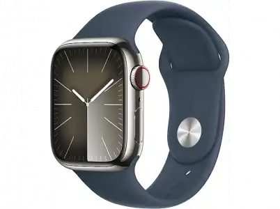 Apple Watch Series 9 (2023), GPS+CELL, 45 mm, Gesto de doble toque, Caja acero inoxidable plata, Correa deportiva azul tempestad, Talla M/L