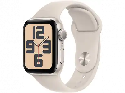 APPLE Watch SE (2023), GPS, 40 mm, Caja de aluminio blanco estrella, Vidrio delantero Ion-X, Talla S/M, Correa deportiva estrella