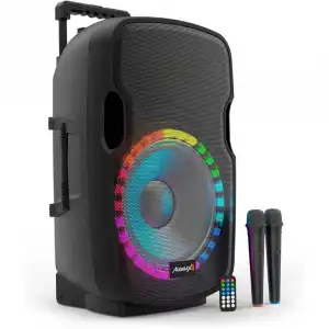 Audibax Denver 15 Malibu Altavoz Activo PA con Ruedas, Efectos LED y 2 Micrófonos Inalámbricos 15" 250W Negro