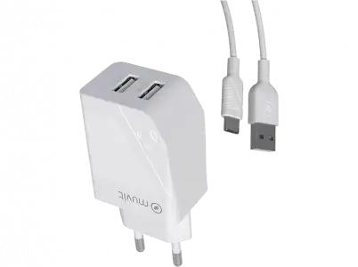 Cargador - muvit MCPAK0047, 2x USB-A, Carga rápida, 18W, 1.2 m, Blanco + Cable USB-C a USB-A