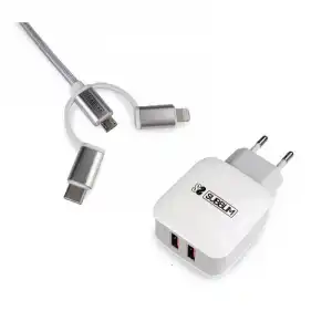 Subblim Cargador 2xUSB 2.4A + Cable 3 en 1 MicroUSB/USB-C/Lightning Blanco