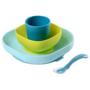 Vajilla Para Bebé 4 Piezas Silicona Azul Y Verde Beaba
