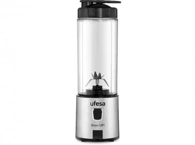 Batidora de vaso - Ufesa Onyx Up!, 400 ml, Libre BPA, 16500 rpm/min, 6 cuchillas acero inox, Carga USB, Negro