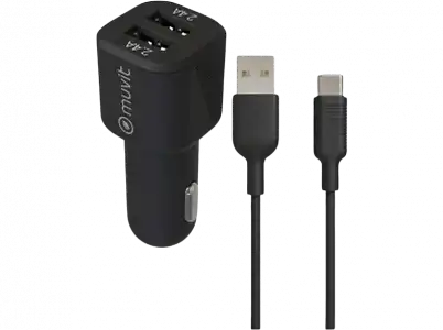 Cargador USB para coche - muvit MCPAK0052, 2x USB-A, Universal, 1.2m, Negro + Cable USB-C a USB-A