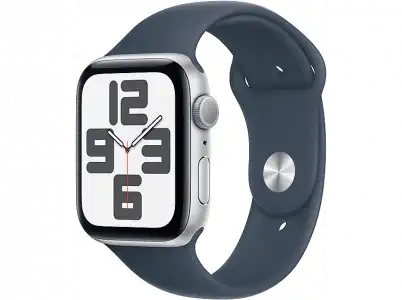 APPLE Watch SE (2023), GPS, 44 mm, Caja de aluminio plata, Vidrio delantero Ion-X, Talla M/L, Correa deportiva azul tempestad