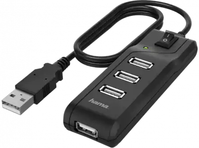 Hub USB/Concentrador - Hama 00200118, De 1x USB 2.0 a 4x 2.0, 1.8 m, 480 Mbps, Negro