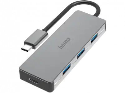 Hub USB/Concentrador - Hama 00200105, 10 Gbit/s, 4 puertos, 2x USB-C, 3x USB-A, 0.15 m, TB 3/4, Slim, Gris