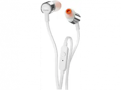 Auriculares de botón - JBL T210, De botón, Con cable, Micrófono, Control remoto, Blanco y Plata