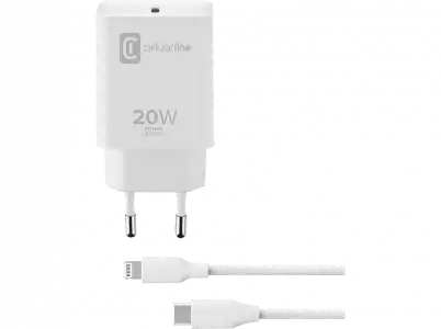 Cargador - CellularLine ACHIPHKITC2LM, Para Apple iPhone y iPad, Cable Lightning, USB-C, 100 cm, 20W, Blanco