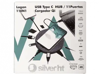 Hub - Silver HT Logan 11 en 1 Tipo C, MicroSD, Audio, USB 3.0, RJ-45 gigabit, VGA, HDMI 4K Qi Wireless, Negro