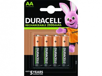 Pilas recargables - Duracell AA, 4 unidades, 2500 mAh LR06 / LR6, Negro