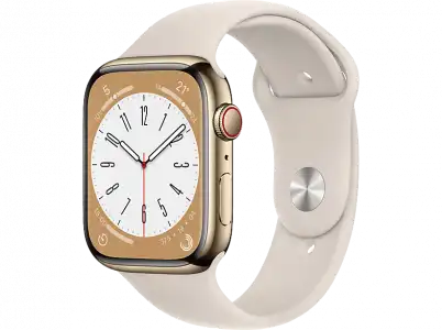 APPLE Watch Series 8 (2022), GPS+CELL, 45 mm, Caja de acero inoxidable, Vidrio delantero Ion-X, Correa deportiva oro