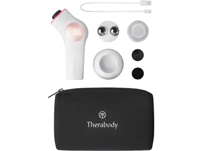 Pistola de masaje - Therabody TheraFace PRO TF02222-01, Facial, LED Ring, Pantalla OLED, USB, 3 Cabezales, Blanco